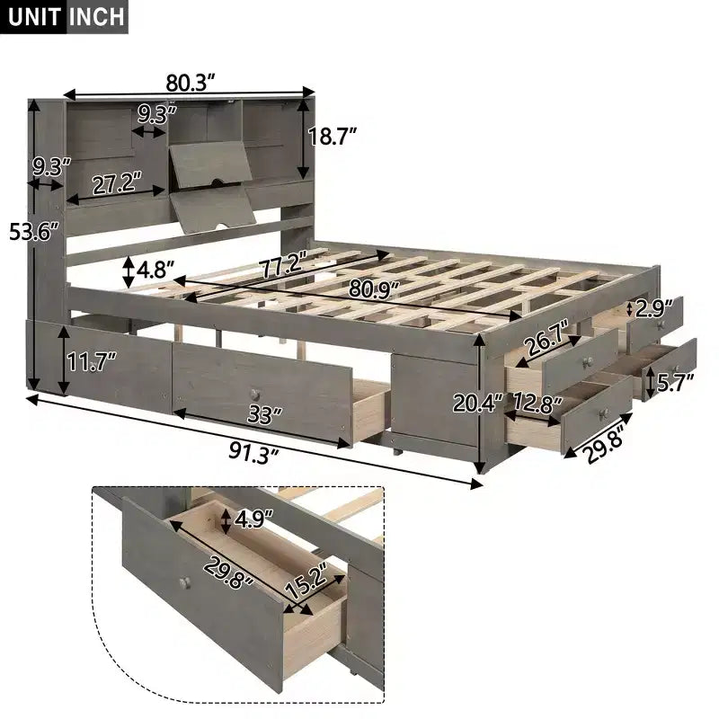 Lit plateforme Whisen King Size avec tête de lit de rangement et 8 tiroirs
