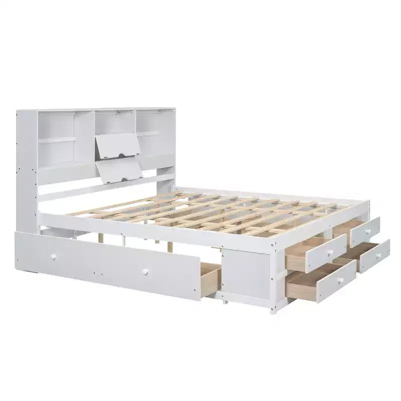 Lit plateforme Whisen King Size avec tête de lit de rangement et 8 tiroirs