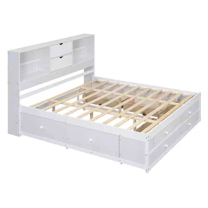 Lit plateforme Whisen King Size avec tête de lit de rangement et 8 tiroirs