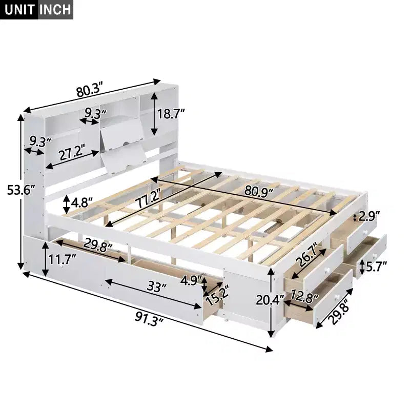 Lit plateforme Whisen King Size avec tête de lit de rangement et 8 tiroirs