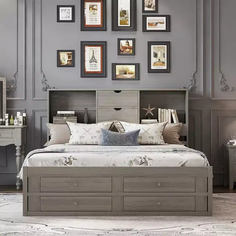 Lit plateforme Whisen King Size avec tête de lit de rangement et 8 tiroirs