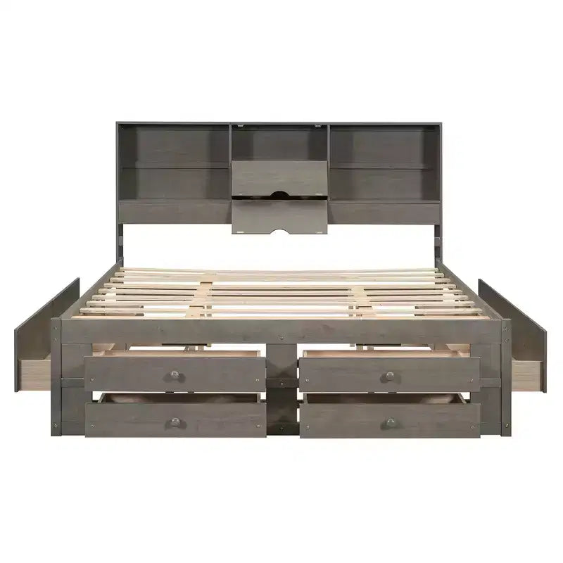 Lit plateforme Whisen King Size avec tête de lit de rangement et 8 tiroirs