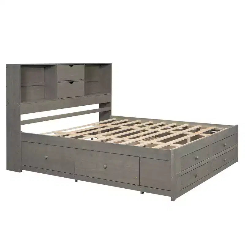 Lit plateforme Whisen King Size avec tête de lit de rangement et 8 tiroirs