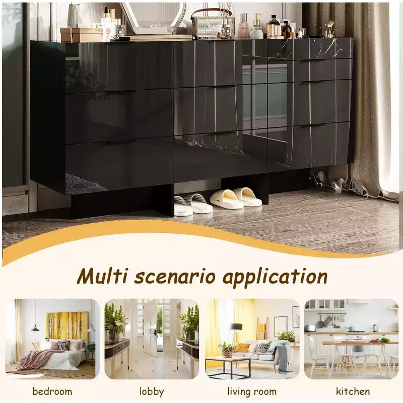 Commode brillante Famapy avec accents en marbre, armoire de rangement à 6 tiroirs pour chambre à coucher, salon et cuisine