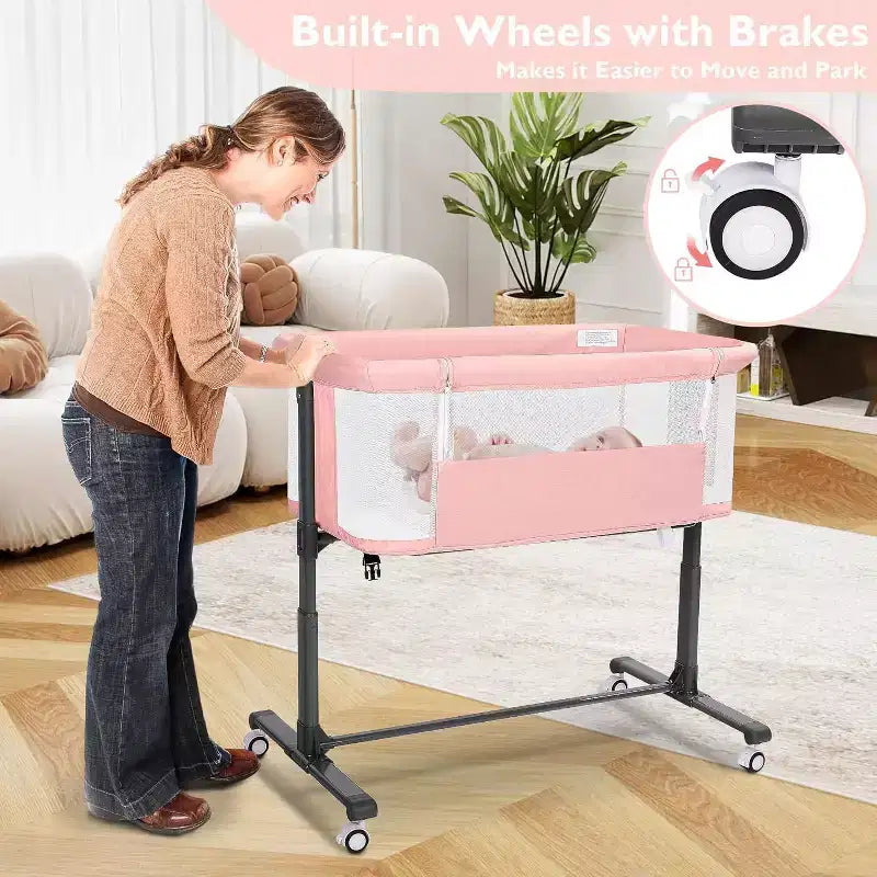Berceau portatif Kinder King à roulettes, lit cododo tout en maille pour nouveau-né avec matelas doux amovible