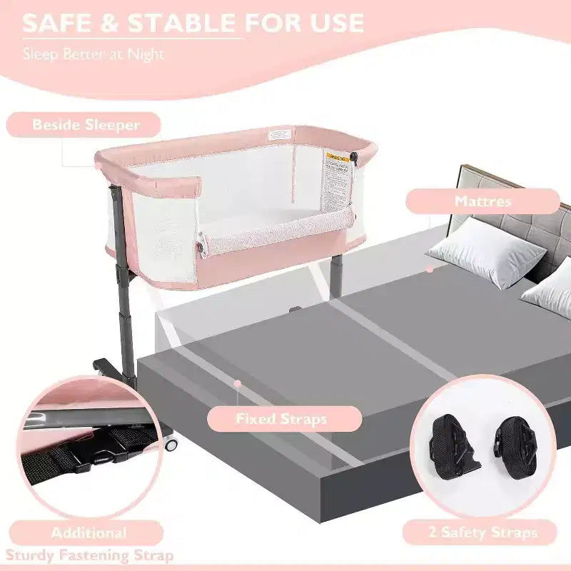 Berceau portatif Kinder King à roulettes, lit cododo tout en maille pour nouveau-né avec matelas doux amovible