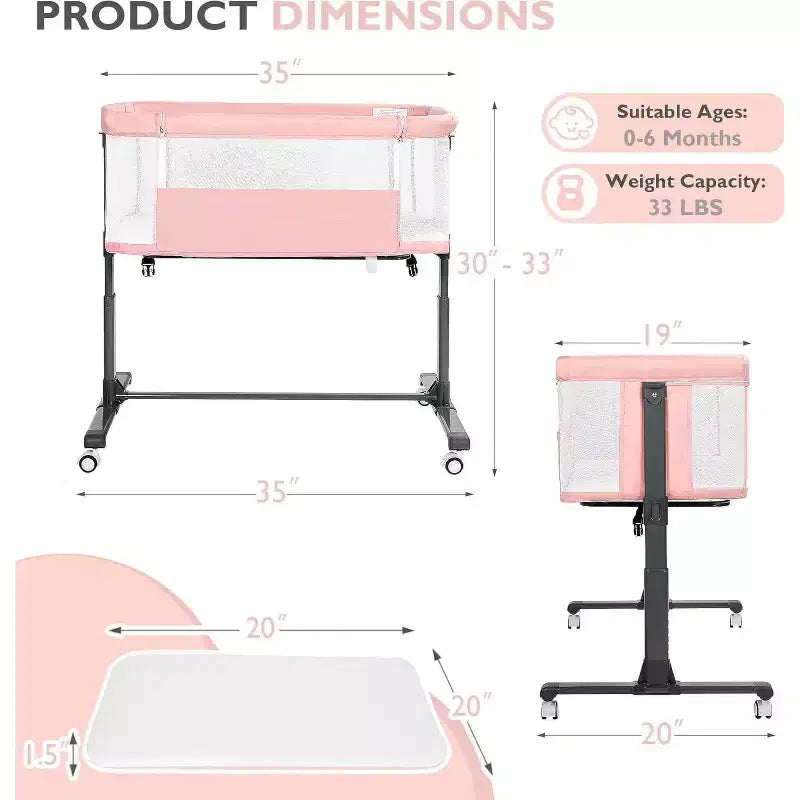 Berceau portatif Kinder King à roulettes, lit cododo tout en maille pour nouveau-né avec matelas doux amovible