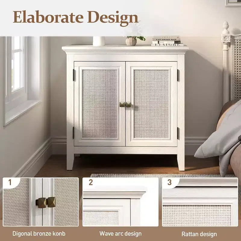 Meuble de rangement Heynemo, buffet de cuisine avec portes décoratives en rotin, meuble d'appoint avec étagère de rangement réglable