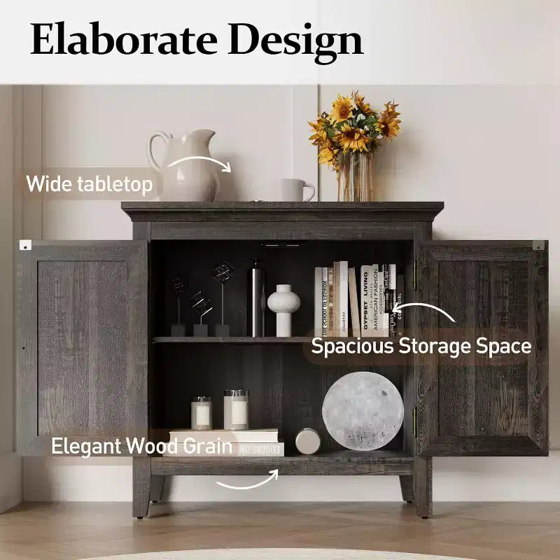Meuble de rangement Heynemo, buffet de cuisine avec portes décoratives en rotin, meuble d'appoint avec étagère de rangement réglable