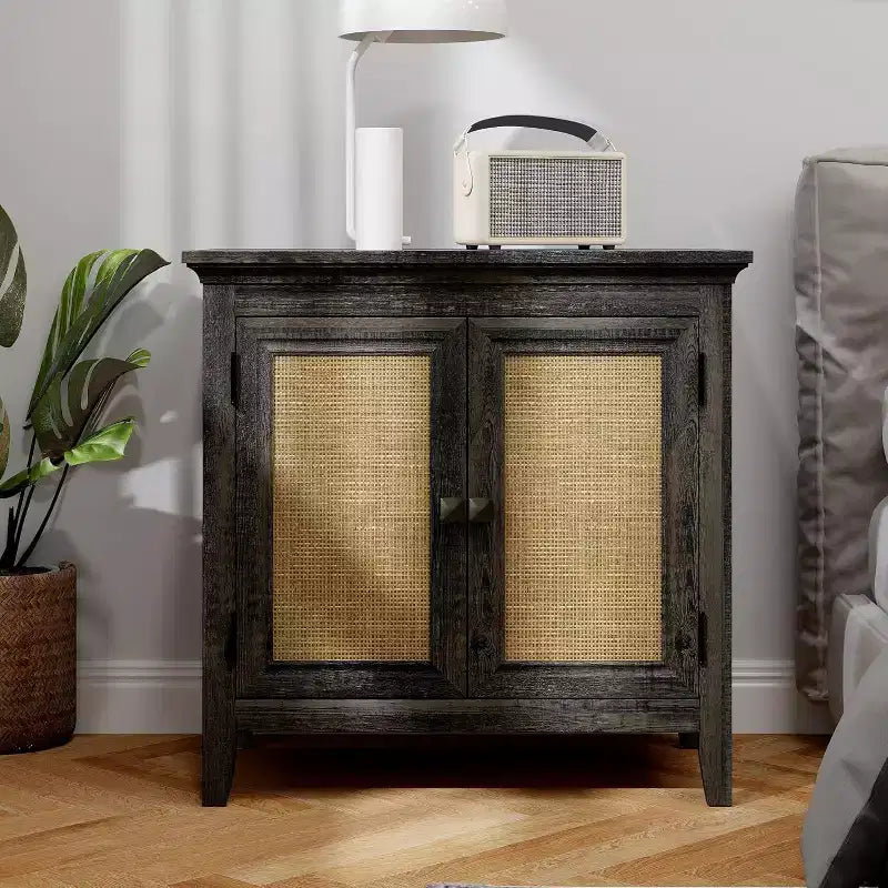 Meuble de rangement Heynemo, buffet de cuisine avec portes décoratives en rotin, meuble d'appoint avec étagère de rangement réglable