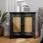 Meuble de rangement Heynemo, buffet de cuisine avec portes décoratives en rotin, meuble d'appoint avec étagère de rangement réglable