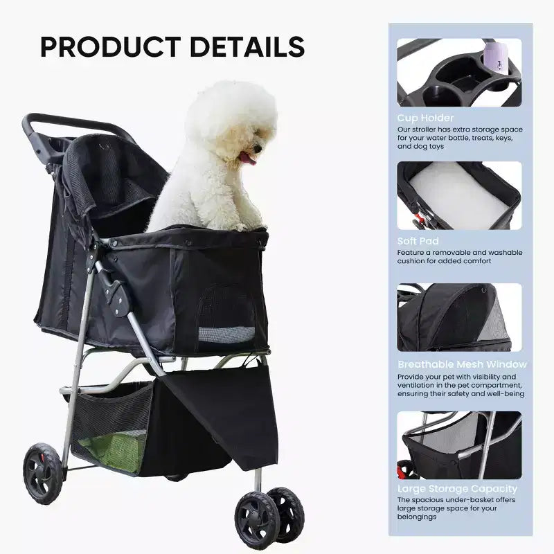 Poussette pliable pour animaux de compagnie avec panier de rangement - Conception pliable pour chiens et chats de petite/moyenne taille