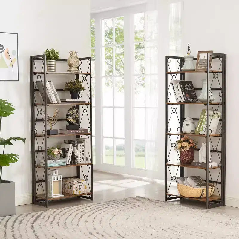 Étagère pliante VECELO, bibliothèque à 5 niveaux, organisateur de rangement industriel pour salon, marron/noyer/marron antique