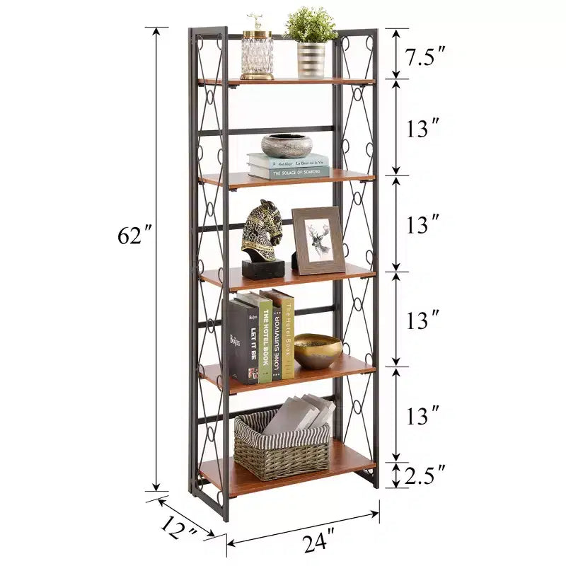 Étagère pliante VECELO, bibliothèque à 5 niveaux, organisateur de rangement industriel pour salon, marron/noyer/marron antique