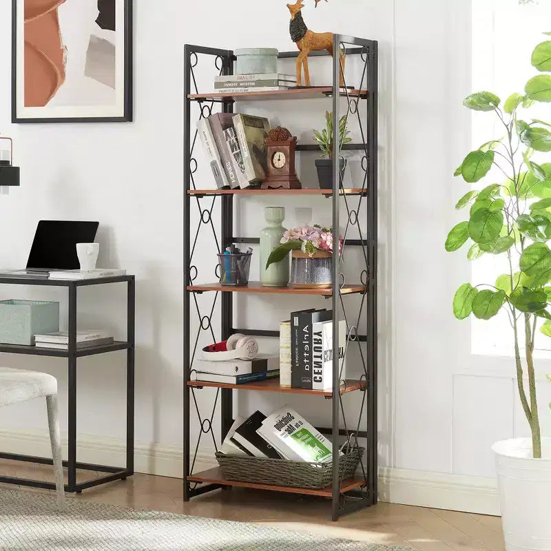 Étagère pliante VECELO, bibliothèque à 5 niveaux, organisateur de rangement industriel pour salon, marron/noyer/marron antique
