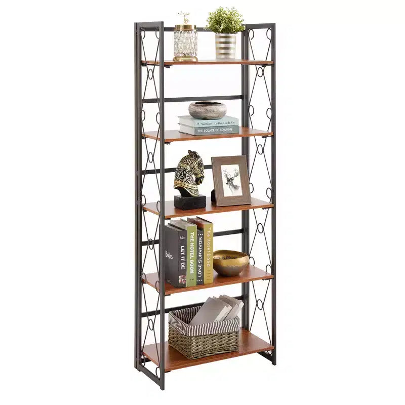 Étagère pliante VECELO, bibliothèque à 5 niveaux, organisateur de rangement industriel pour salon, marron/noyer/marron antique