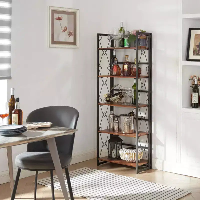 Étagère pliante VECELO, bibliothèque à 5 niveaux, organisateur de rangement industriel pour salon, marron/noyer/marron antique