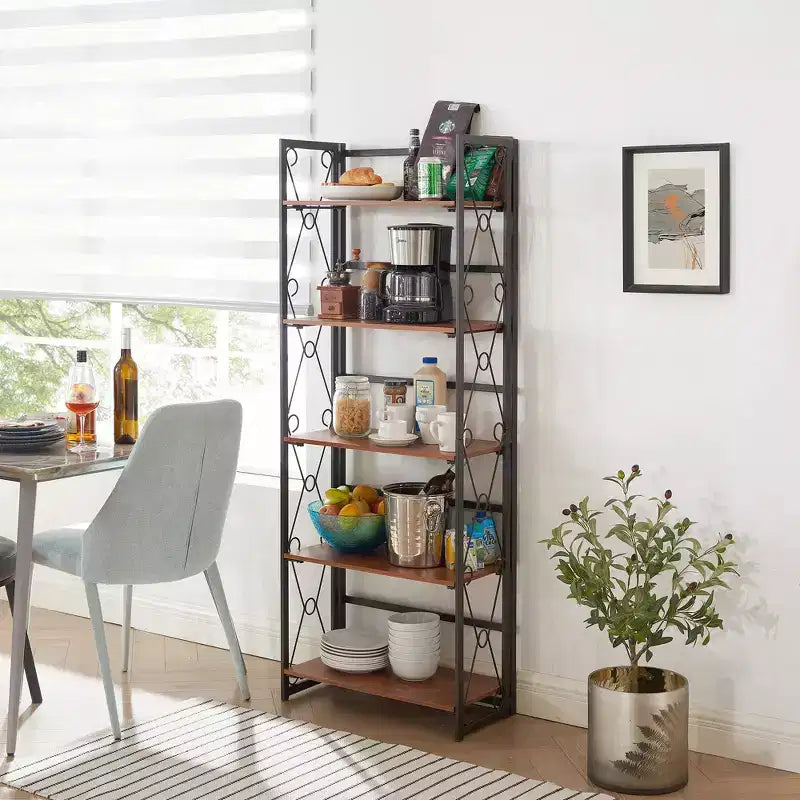 Étagère pliante VECELO, bibliothèque à 5 niveaux, organisateur de rangement industriel pour salon, marron/noyer/marron antique