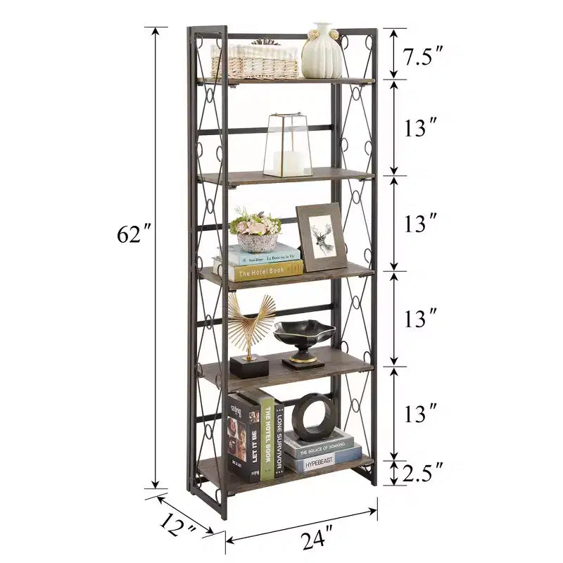 Étagère pliante VECELO, bibliothèque à 5 niveaux, organisateur de rangement industriel pour salon, marron/noyer/marron antique