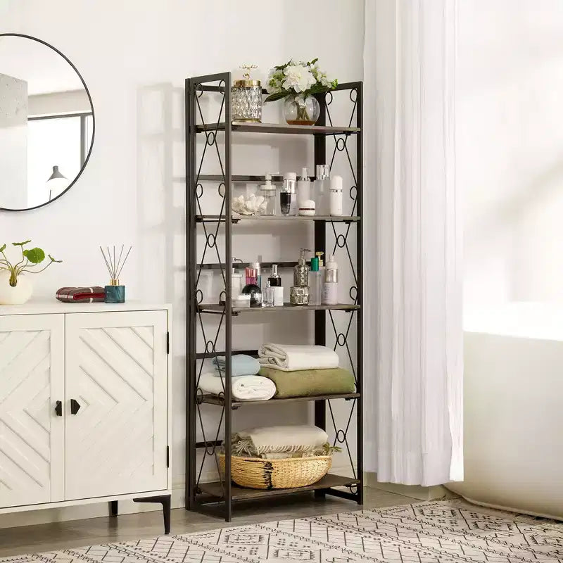 Étagère pliante VECELO, bibliothèque à 5 niveaux, organisateur de rangement industriel pour salon, marron/noyer/marron antique