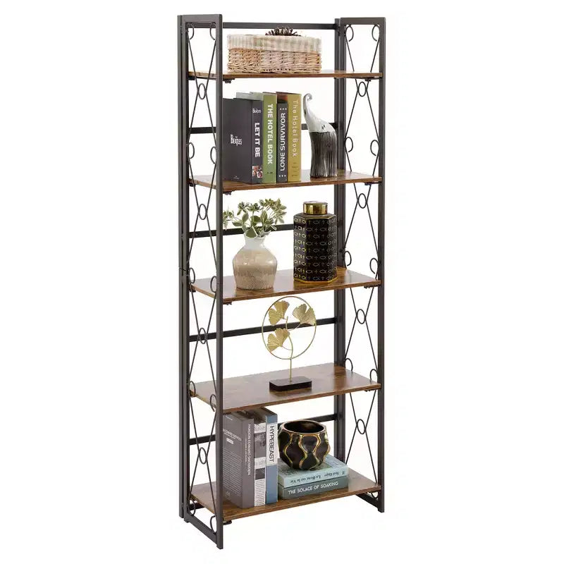 Étagère pliante VECELO, bibliothèque à 5 niveaux, organisateur de rangement industriel pour salon, marron/noyer/marron antique