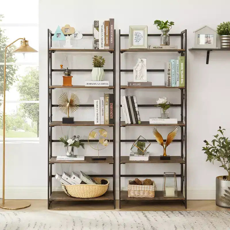 Étagère pliante VECELO, bibliothèque à 5 niveaux, organisateur de rangement industriel pour salon, marron/noyer/marron antique