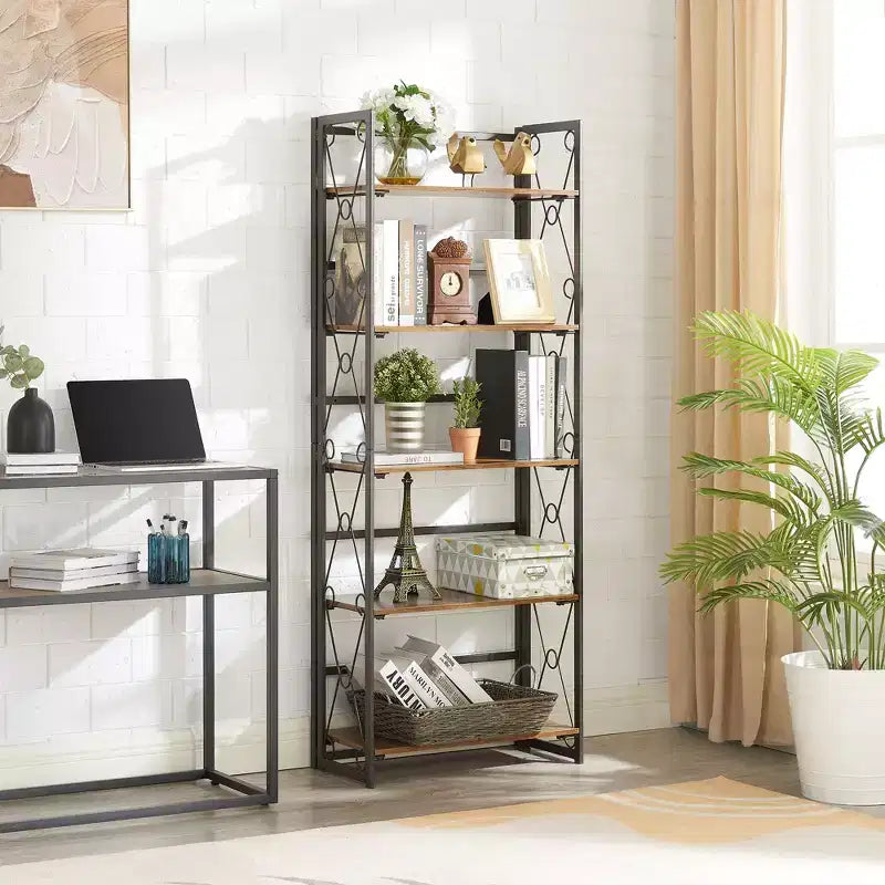 Étagère pliante VECELO, bibliothèque à 5 niveaux, organisateur de rangement industriel pour salon, marron/noyer/marron antique