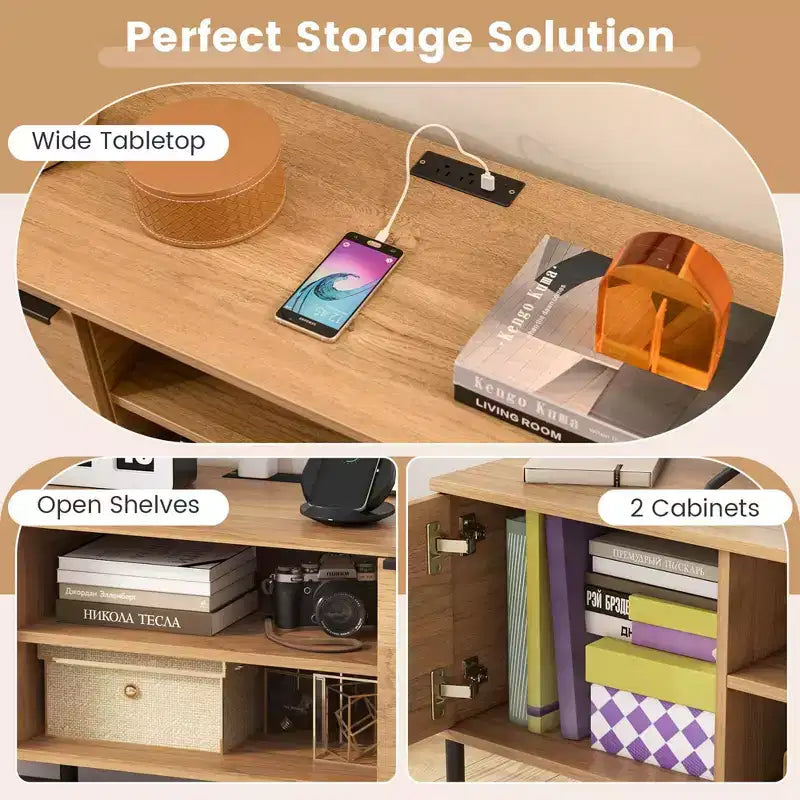 Meuble TV Costway 2 portes avec station de charge, centre de divertissement pour TV jusqu'à 65 pouces