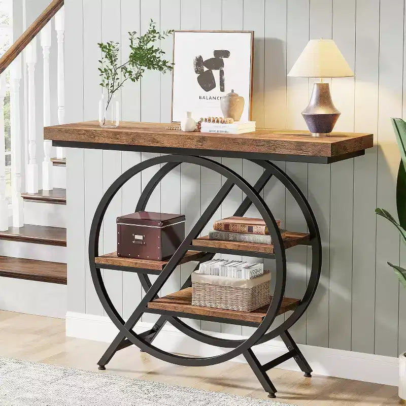 Console 4 niveaux Lantine, table d'entrée de 99,37 cm avec étagères de rangement, table de canapé avec cadre métallique géométrique