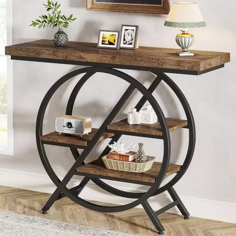 Console 4 niveaux Lantine, table d'entrée de 99,37 cm avec étagères de rangement, table de canapé avec cadre métallique géométrique