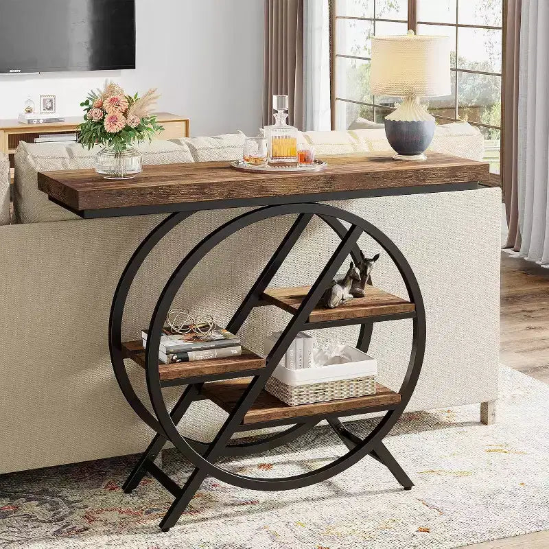 Console 4 niveaux Lantine, table d'entrée de 99,37 cm avec étagères de rangement, table de canapé avec cadre métallique géométrique