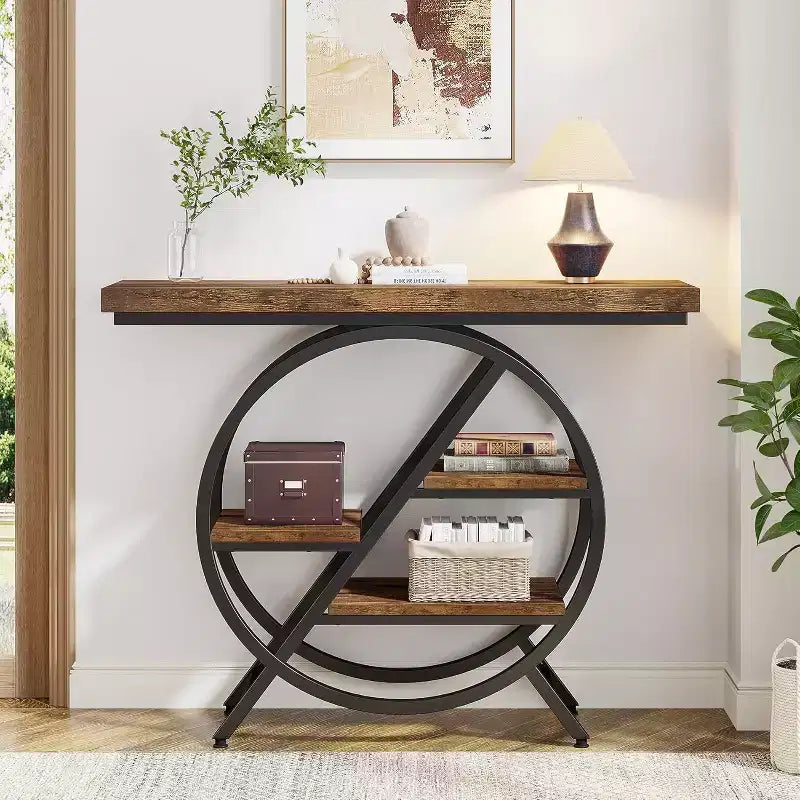 Console 4 niveaux Lantine, table d'entrée de 99,37 cm avec étagères de rangement, table de canapé avec cadre métallique géométrique