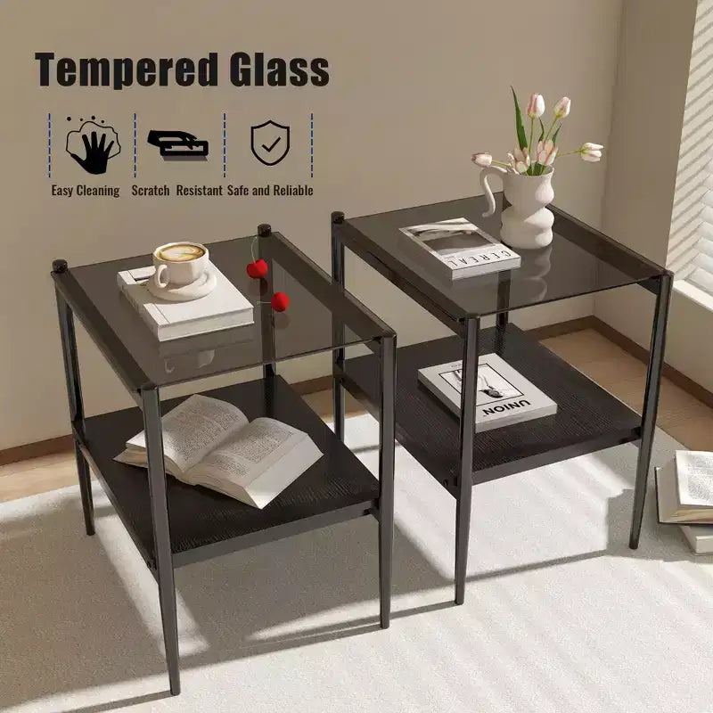 MAYEERTY Lot de 2 tables d'appoint rectangulaires avec plateau en verre trempé, pour salon, verre gris
