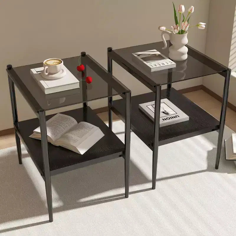 MAYEERTY Lot de 2 tables d'appoint rectangulaires avec plateau en verre trempé, pour salon, verre gris