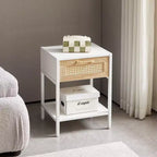 Mayeerty 15.74 Table d'appoint en rotin avec tiroir, table de chevet moderne, pieds en métal, table d'appoint pour salon, chambre à coucher, blanc