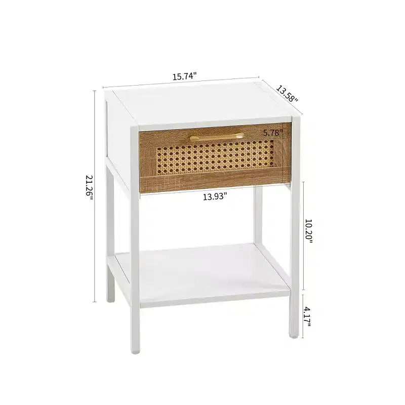 Mayeerty 15.74 Table d'appoint en rotin avec tiroir, table de chevet moderne, pieds en métal, table d'appoint pour salon, chambre à coucher, blanc