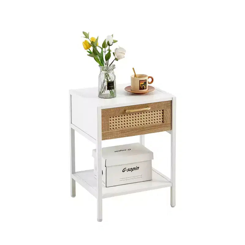 Mayeerty 15.74 Table d'appoint en rotin avec tiroir, table de chevet moderne, pieds en métal, table d'appoint pour salon, chambre à coucher, blanc