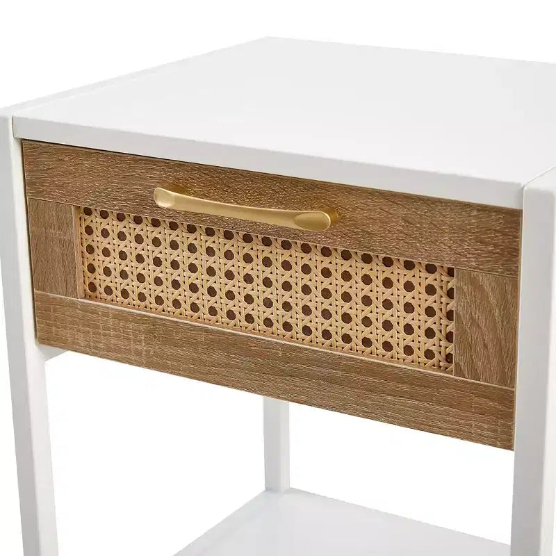 Mayeerty 15.74 Table d'appoint en rotin avec tiroir, table de chevet moderne, pieds en métal, table d'appoint pour salon, chambre à coucher, blanc