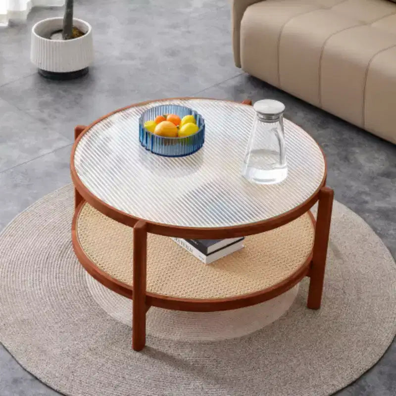 Table basse circulaire minimaliste moderne à double couche en bois massif, plateau en verre artisanal, matériau de la deuxième couche : rotin PE, cadre en bois massif