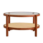 Table basse circulaire minimaliste moderne à double couche en bois massif, plateau en verre artisanal, matériau de la deuxième couche : rotin PE, cadre en bois massif