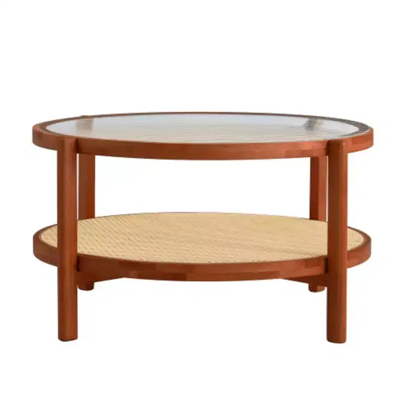 Table basse circulaire minimaliste moderne à double couche en bois massif, plateau en verre artisanal, matériau de la deuxième couche : rotin PE, cadre en bois massif