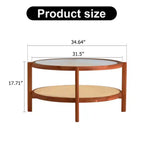 Table basse circulaire minimaliste moderne à double couche en bois massif, plateau en verre artisanal, matériau de la deuxième couche : rotin PE, cadre en bois massif