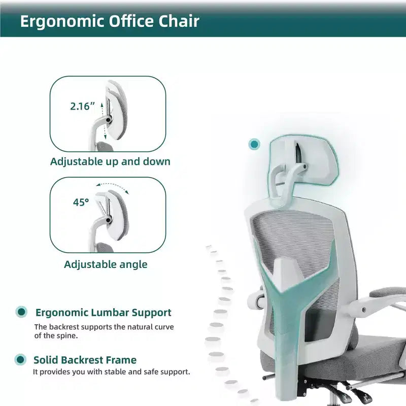 Chaise de bureau pivotante avec repose-pieds rétractable, coussin de soutien lombaire et accoudoirs rembourrés pour un confort ergonomique