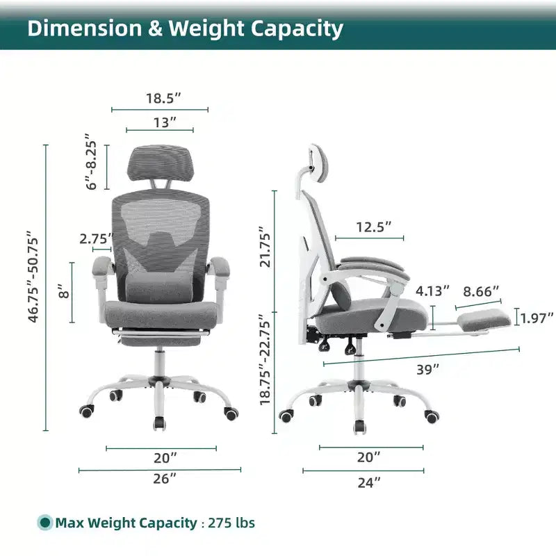Chaise de bureau pivotante avec repose-pieds rétractable, coussin de soutien lombaire et accoudoirs rembourrés pour un confort ergonomique