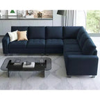 Canapé d'angle modulable 6 places en velours capitonné Belffin avec pouf de rangement