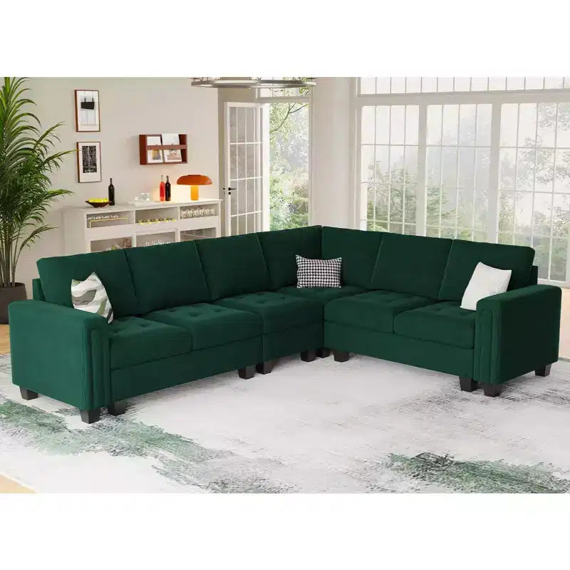 Canapé d'angle modulable 6 places en velours capitonné Belffin avec pouf de rangement