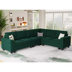 Canapé d'angle modulable 6 places en velours capitonné Belffin avec pouf de rangement