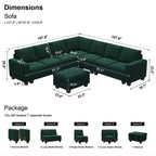 Canapé d'angle modulable 6 places en velours capitonné Belffin avec pouf de rangement