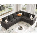 Canapé d'angle modulable 6 places en velours capitonné Belffin avec pouf de rangement