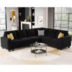 Canapé d'angle modulable 6 places en velours capitonné Belffin avec pouf de rangement